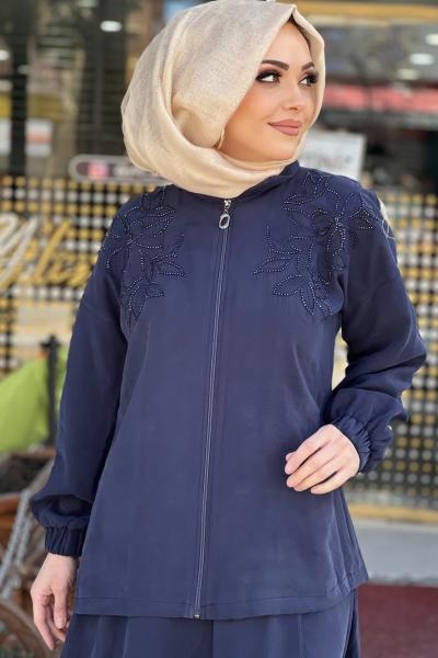 KREM İPEK CUPRA ETEKLİ TAKIM  Lacivert