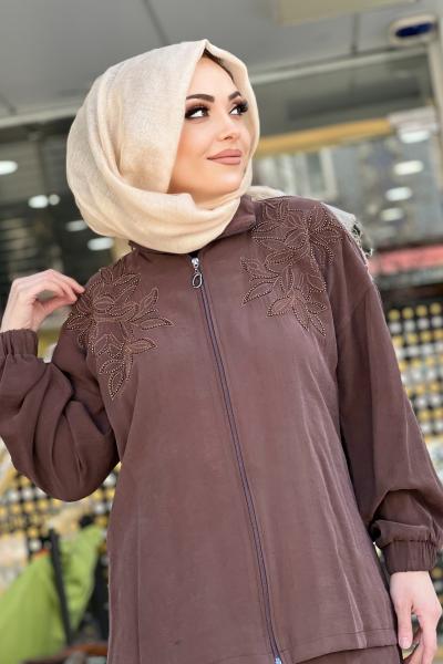 KREM İPEK CUPRA ETEKLİ TAKIM  Acı Kahve