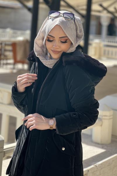 KREM KAPÜŞONU TÜYLÜ MONT  Taş Rengi