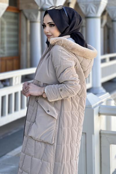 KREM KAPÜŞONU TÜYLÜ MONT  Krem