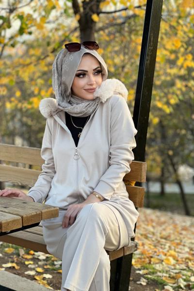 KÜRK DETAYLI OYSHO TAKIM  Krem