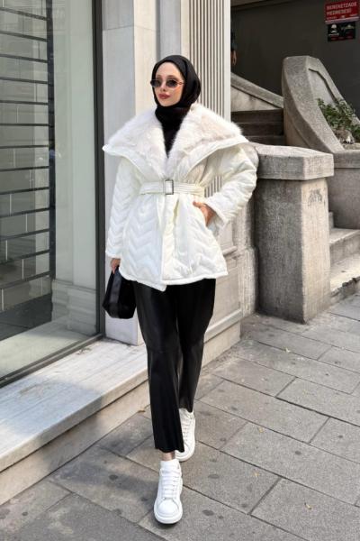 KÜRK YAKALI MONT Beyaz