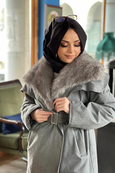 KÜRK YAKALI KUŞAKLI MONT  Gri