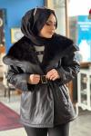KÜRK YAKALI KUŞAKLI MONT  Siyah