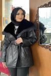KÜRK YAKALI KUŞAKLI MONT  Siyah