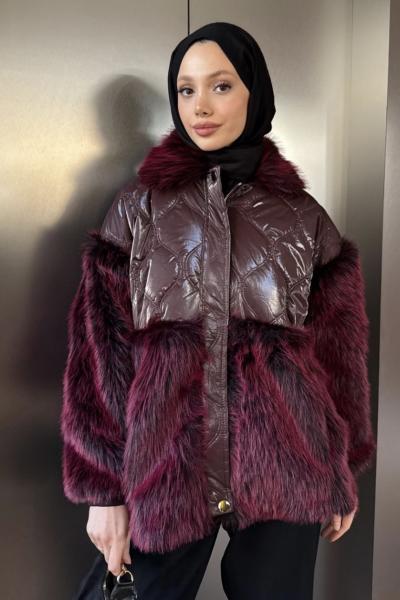 KÜRKLÜ KAPİTONE MONT   Bordo