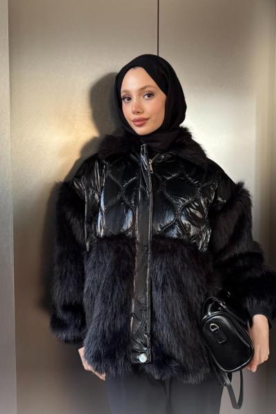 KÜRKLÜ KAPİTONE MONT   Siyah