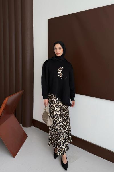 Leopar desenli etekli takım  Siyah