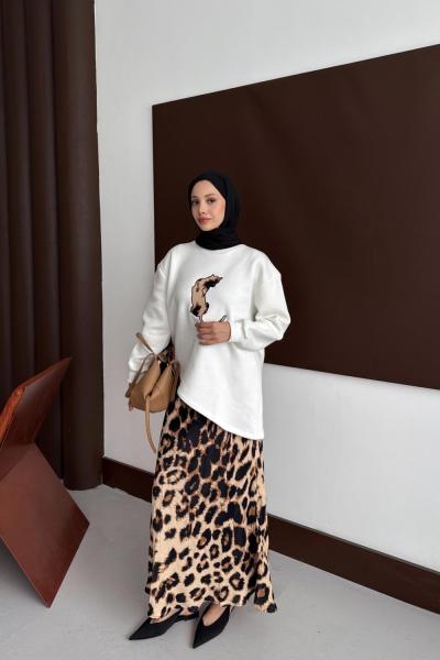 Leopar desenli etekli takım  Beyaz