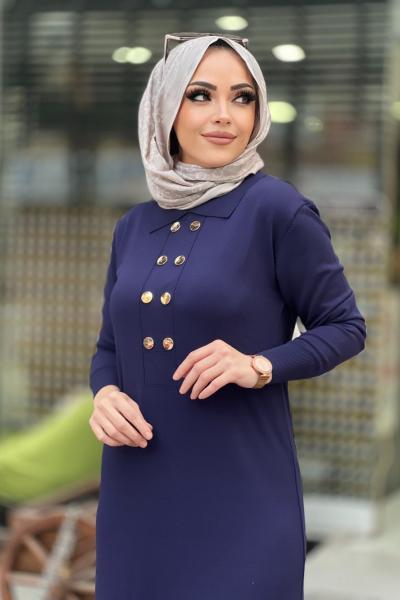 MERSERİZE POLO YAKA DÜĞMELİ ELBİSE  Lacivert