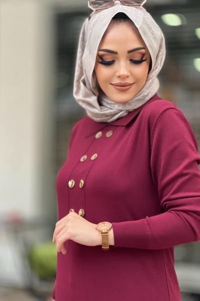 MERSERİZE POLO YAKA DÜĞMELİ ELBİSE  Bordo