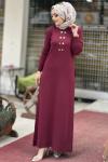 MERSERİZE POLO YAKA DÜĞMELİ ELBİSE  Bordo