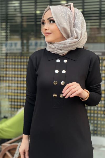 MERSERİZE POLO YAKA DÜĞMELİ ELBİSE  Siyah