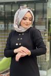 MERSERİZE POLO YAKA DÜĞMELİ ELBİSE  Siyah