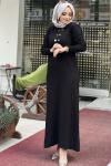 MERSERİZE POLO YAKA DÜĞMELİ ELBİSE  Siyah