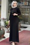 MERSERİZE POLO YAKA DÜĞMELİ ELBİSE  Siyah