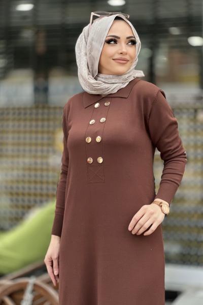 MERSERİZE POLO YAKA DÜĞMELİ ELBİSE  Kahverengi