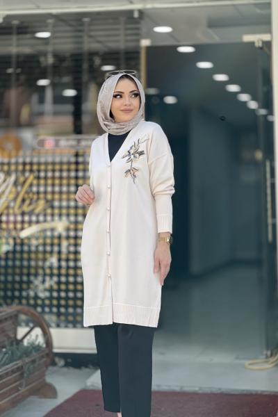 NAKIŞ DETAYLI MERSERİZE HIRKA  Ekru