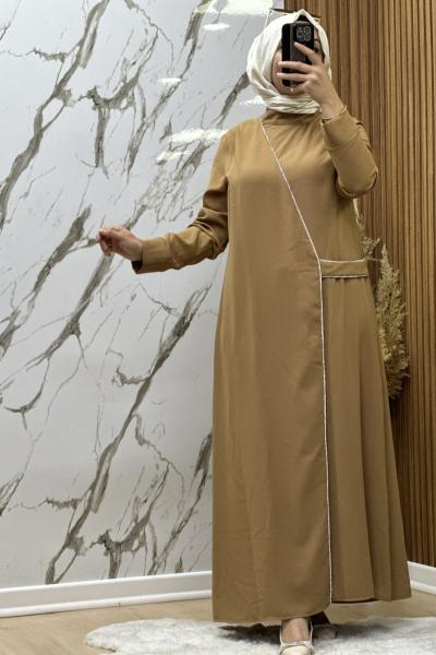 önü biyeli taşlı elbise  Camel