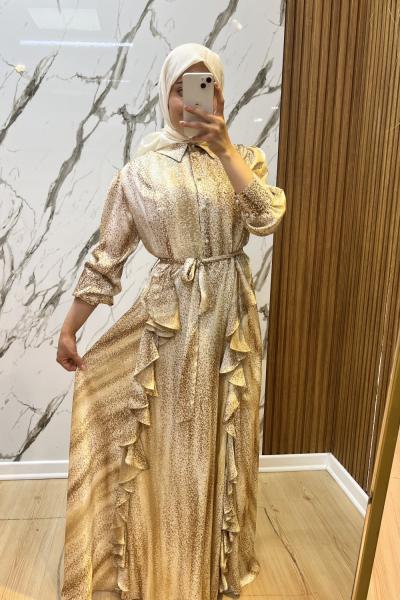 OTTO PUL PAYET KOMBİNLİ DESENLİ ELBİSE Gold