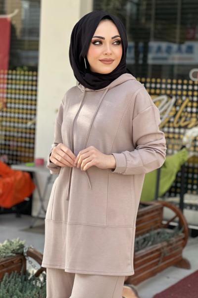 OYSHO BİYELİ KAPÜŞONLU TAKIM Krem