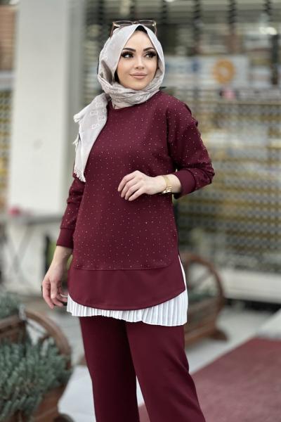 OYSHO TAŞLI TAKIM YANDAN YIRTMAÇLI  Bordo