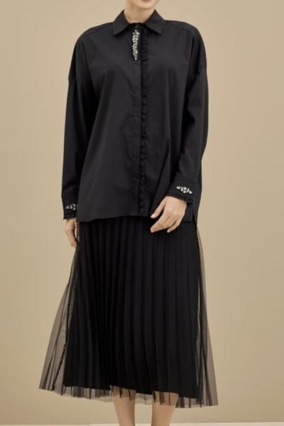 PAT VE KOL UÇLARI FIRFIRLI TAŞLI GÖMLEK  Siyah