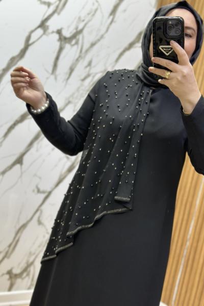 Saadet bade omuzdan tül boncuklu Siyah