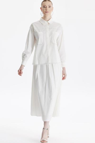 TAŞ DETAYLI ETEKLİ DOKUMA TAKIM Ekru