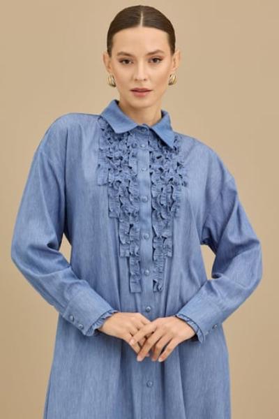 TIĞ TRİKO ÖNÜ FIRFIRLI KUŞAKLI KAP  Mavi