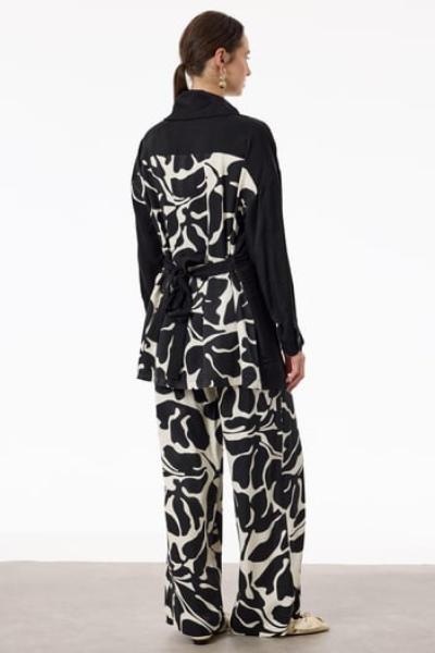 TIĞ TRİKO Desenli Pallazzo Pantolon Takım SİYAH Siyah