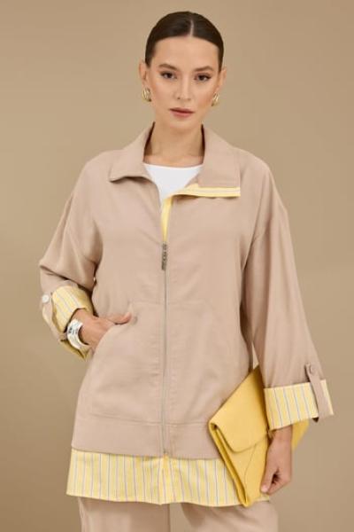 TIĞ TRİKO Çizgili Poplin Mixli Fermuar Detaylı Pantolonlu Takım BEJ Sarı