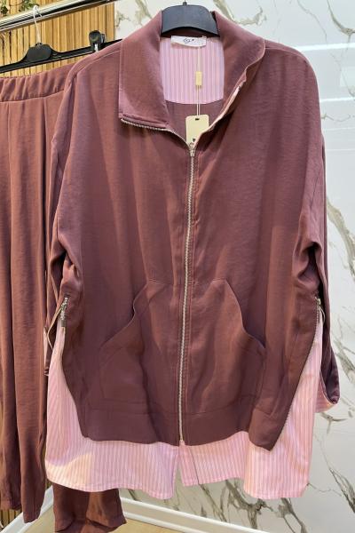 TIĞ TRİKO Çizgili Poplin Mixli Fermuar Detaylı Pantolonlu Takım BEJ Bordo