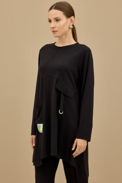 TIĞ TRİKO Asimetrik Kesimli Aksesuar Detaylı Takim SİYAH Siyah