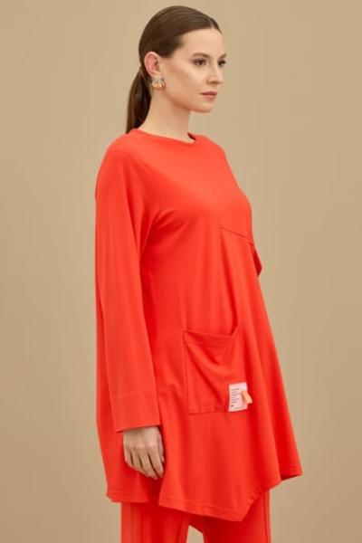 TIĞ TRİKO Asimetrik Kesimli Aksesuar Detaylı Takim SİYAH Kırmızı