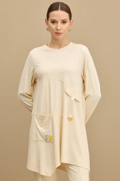 TIĞ TRİKO Asimetrik Kesimli Aksesuar Detaylı Takim SİYAH Bej