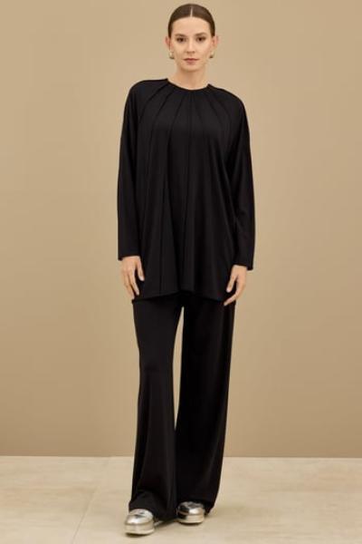 TIĞ TRİKO Önü Komple Nervürlü Yanı Dikişsiz Pantolon Takım SİYAH Siyah