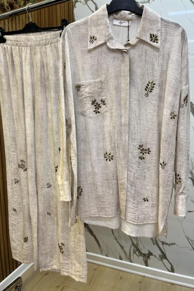 TIĞ TRİKO ÇITIR DESEN TAŞ BASKILI GÖMLEK PANTOLON TAKIM  Bej