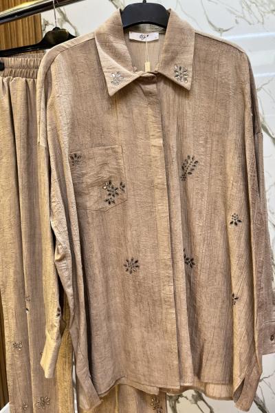 TIĞ TRİKO ÇITIR DESEN TAŞ BASKILI GÖMLEK PANTOLON TAKIM  Vizon