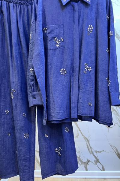 TIĞ TRİKO ÇITIR DESEN TAŞ BASKILI GÖMLEK PANTOLON TAKIM  Lacivert