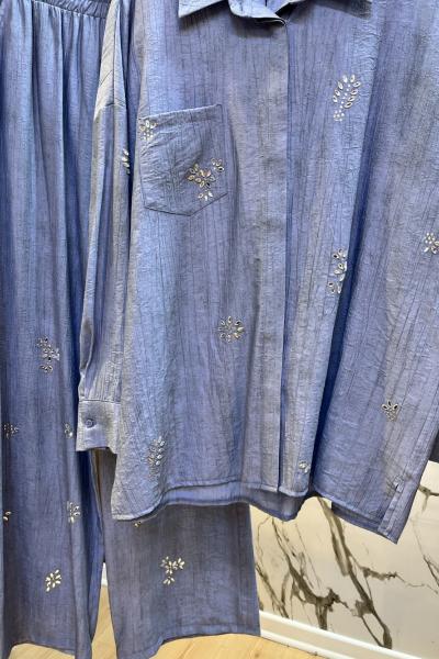 TIĞ TRİKO ÇITIR DESEN TAŞ BASKILI GÖMLEK PANTOLON TAKIM  Bebe Mavisi