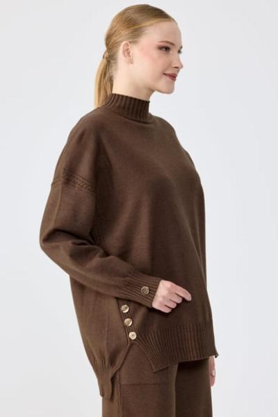 TIĞ TRİKO Yanları Düğmeli Tunik Pantolon Takım  Kahverengi