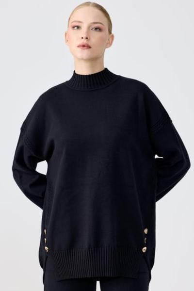 TIĞ TRİKO Yanları Düğmeli Tunik Pantolon Takım  Siyah