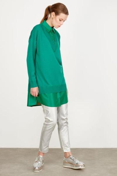 TIĞ TRİKO GÖMLEK YAKALI DERİ DETAYLI TRİKO TUNİK YEŞİL Yeşil