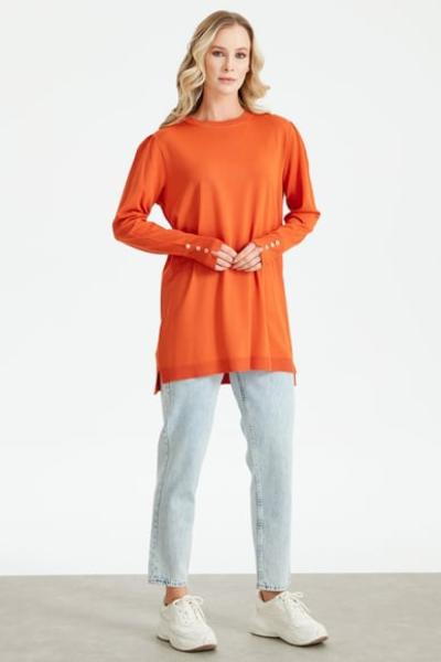 TIĞ TRİKO KOLLARI BÜZGÜLÜ DÜĞME DETAYLI RAYON TUNİK KİREMİT Kiremit