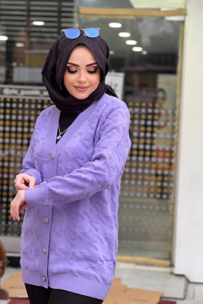 TIĞ TRİKO KAZAYAĞI DESENLİ HIRKA  Mor