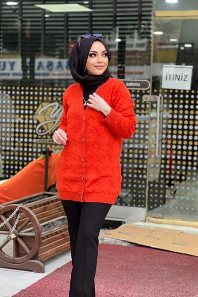 TIĞ TRİKO KAZAYAĞI DESENLİ HIRKA  Turuncu