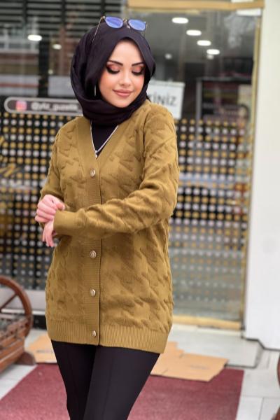 TIĞ TRİKO KAZAYAĞI DESENLİ HIRKA  Yağ Yeşili