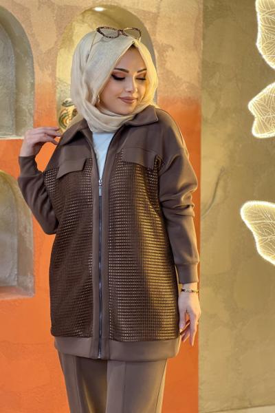 TIĞ TRİKO FİLE KAPLAMALI PANTOLONLU TAKIM  Kahverengi