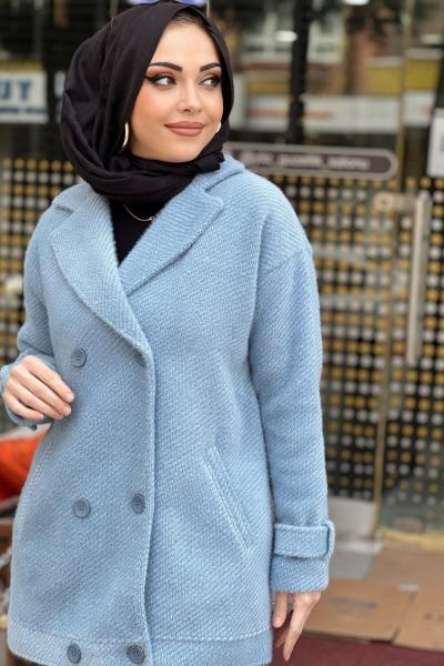 TIĞ TRİKO MANŞETLERİ APOLETLİ KRUVAZE KABAN  Mavi